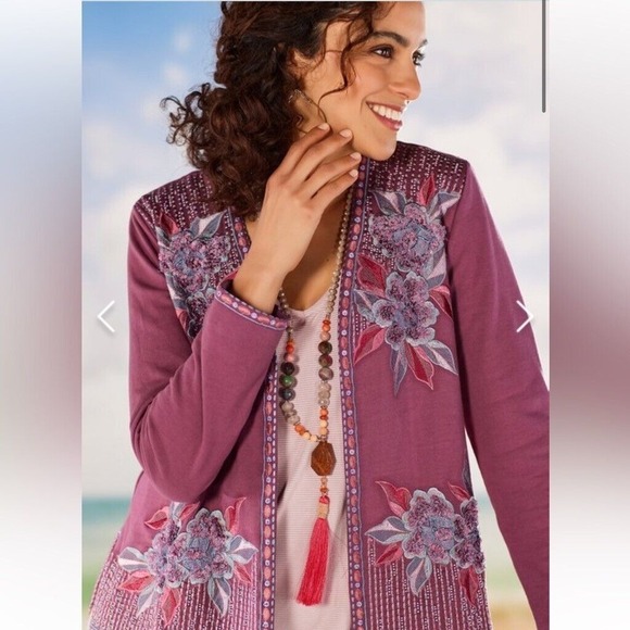 Soft Surroundings Playa Embroidered Jacket Womens Large Purple Beaded Sweater - Picture 2 of 13